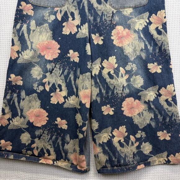 COWOKA Boho Floral Denim Bib Overalls Loose Wide Leg Jumpsuit Suspenders Small - Picture 5 of 13